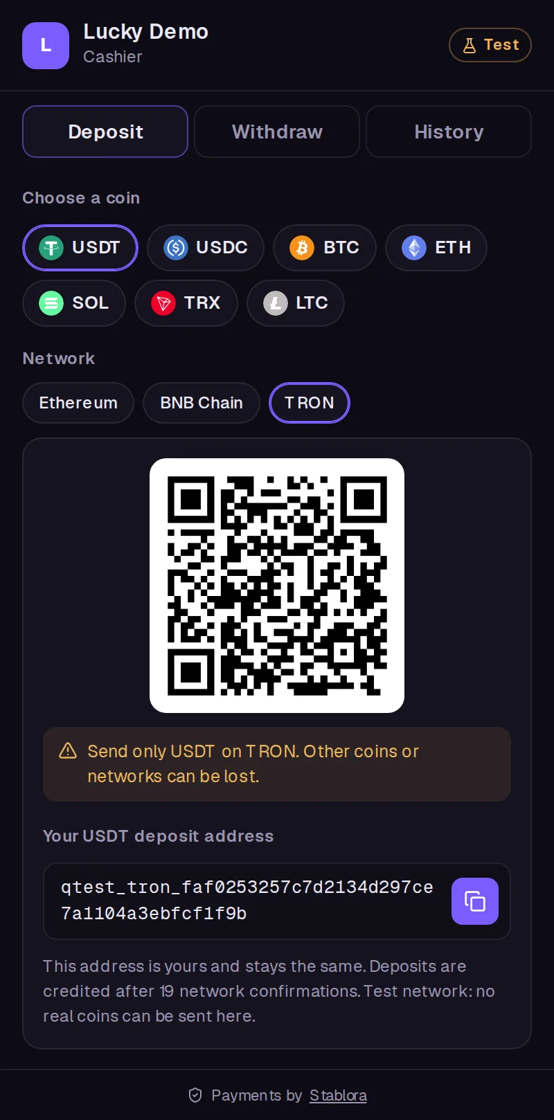 The Stablora cashier widget: coin and network picker, QR code and the player's permanent deposit address